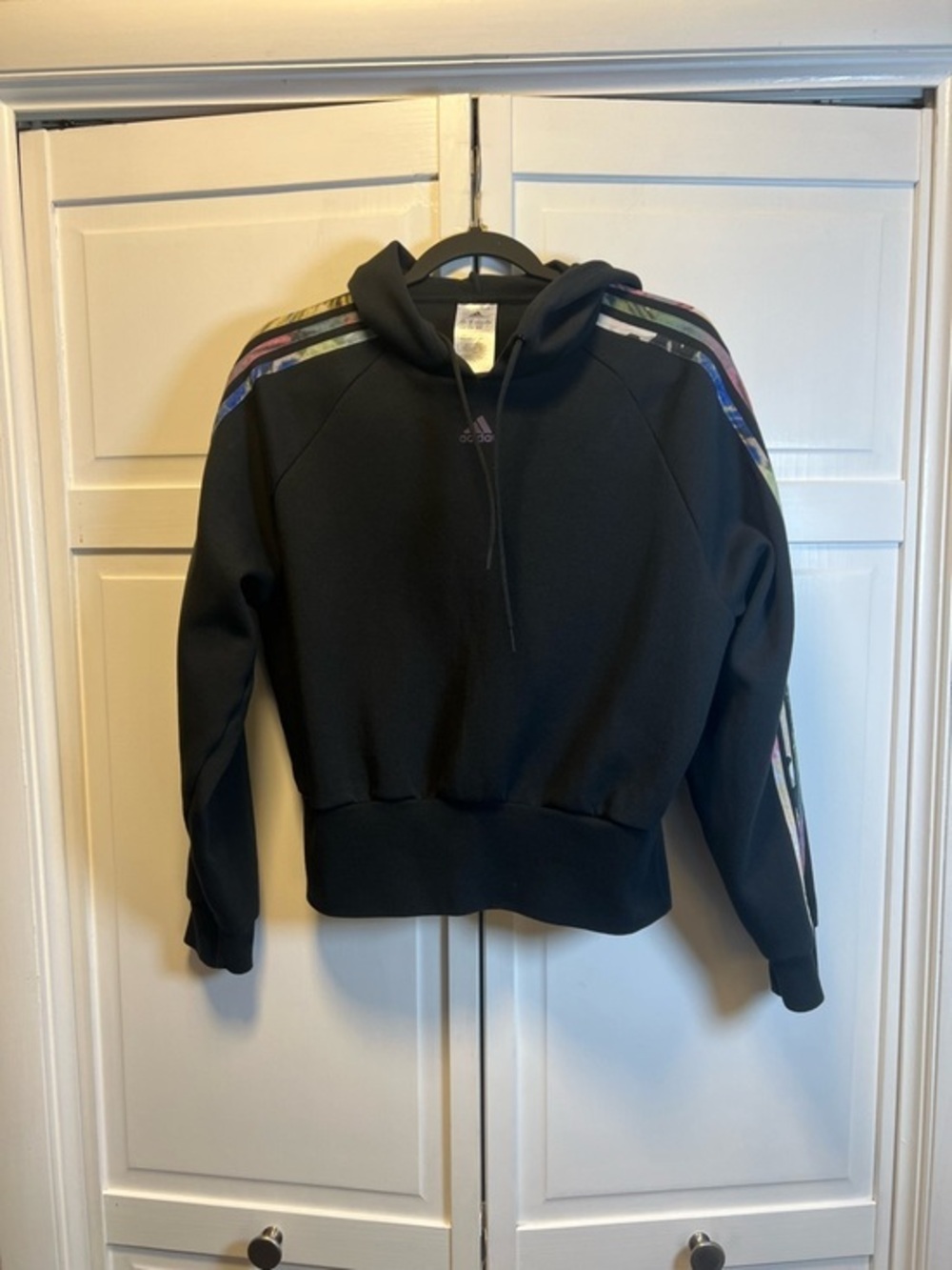 Adidas Womens Black Cropped Hoodie with Multicolor Shoulder Stripes Size Medium